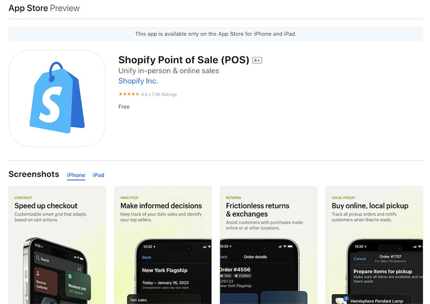 Shopify POS应用程序在app Store的产品页面。