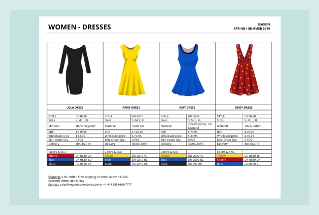 女装洋装零售产品批发行单。