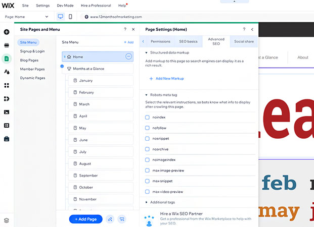 Screenshot of advanced SEO settings for pages in Wix