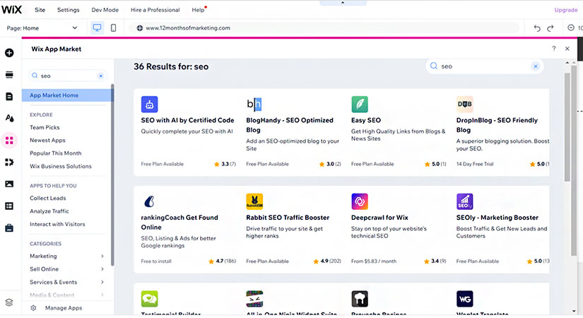 Examples of SEO app integrations in the Wix marketplace