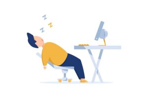 A graphic of a stressed person falling asleep in front of work station.