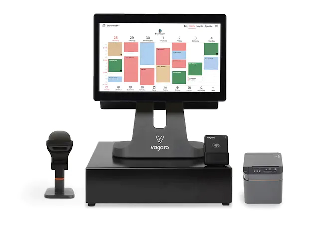 Vagaro POS系统与终端、现金抽屉,扫描ner, and receipt printer.
