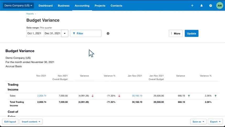 Image showing how to generate a budget variance report in Xero.