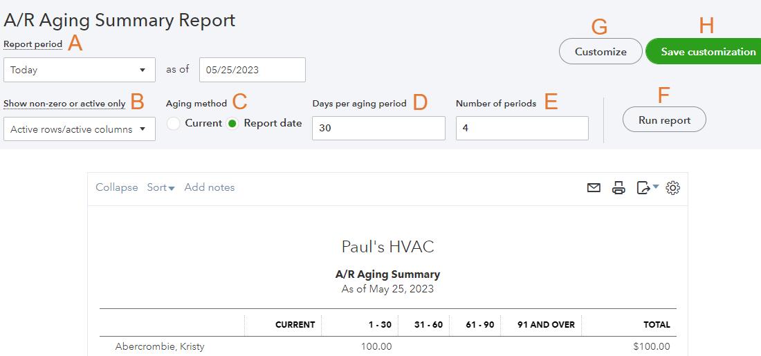 Screen where you can set up basic options for your A/R aging summary report in QuickBooks