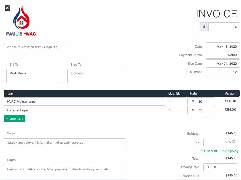 New invoice creation form in Invoice Generator
