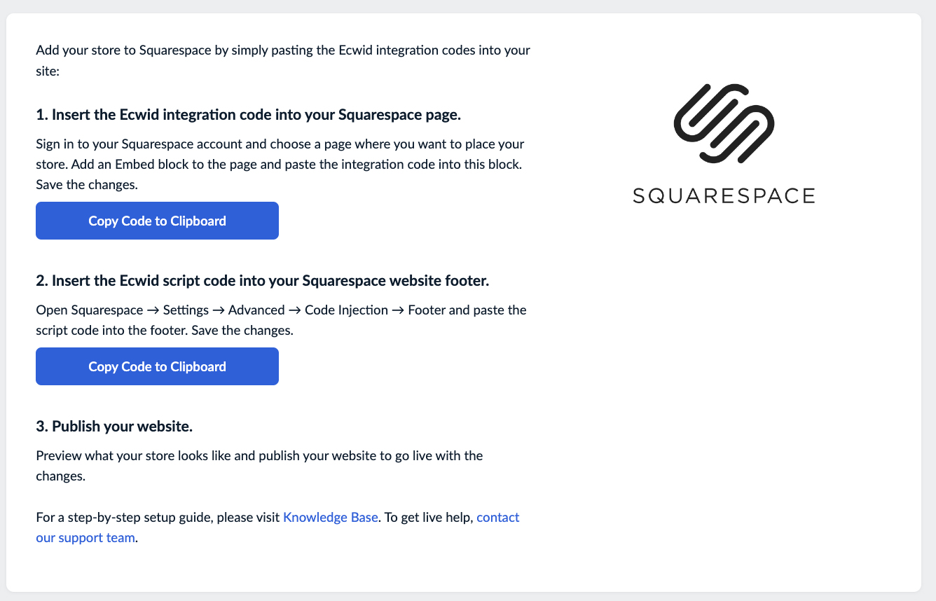 Ecwid embed to existing site Squarespace.