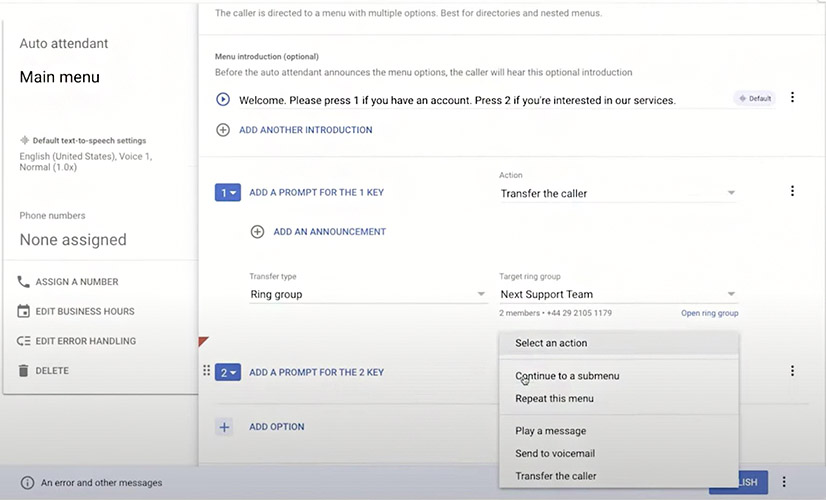 A screenshot of how to configure the auto-attendant using Google Voice.