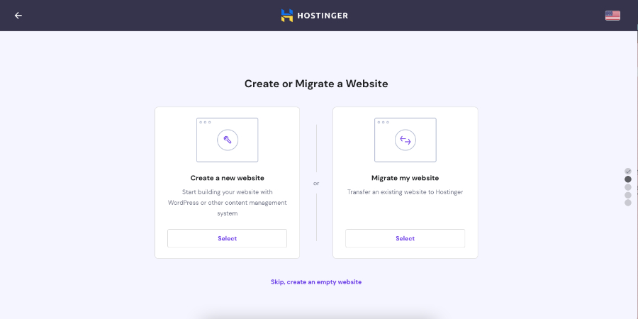 Prompt to create or migrate a website on Hostinger