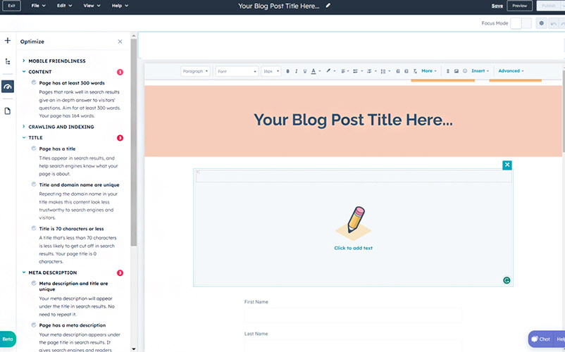 Examples of SEO prompts when writing a blog post on HubSpot