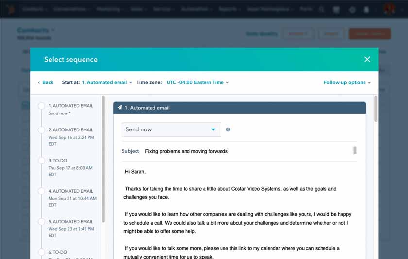 Creating automated email sequences in HubSpot.