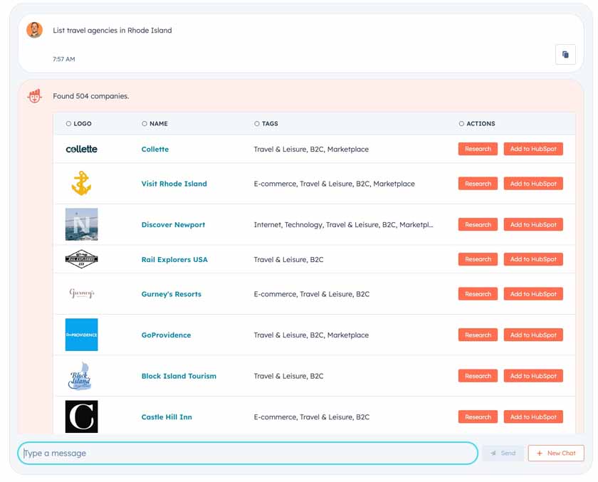 Searching leads using the free, native AI ChatSpot integration in HubSpot.