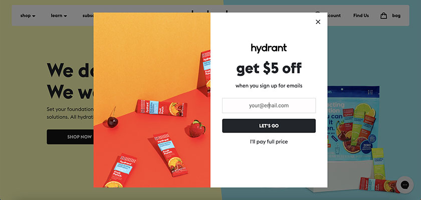 Popup coupon with email signup from Hydrant.