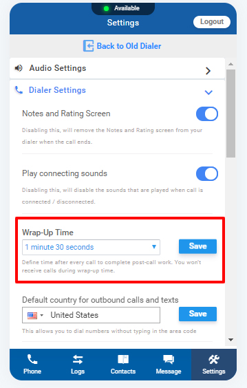 JustCall settings showing configurations for audio, dialer, and wrap-up time.