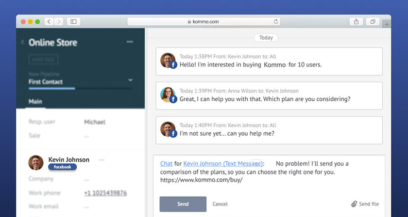使用Kommo与Facebook Messenger中的联系人进行通信。