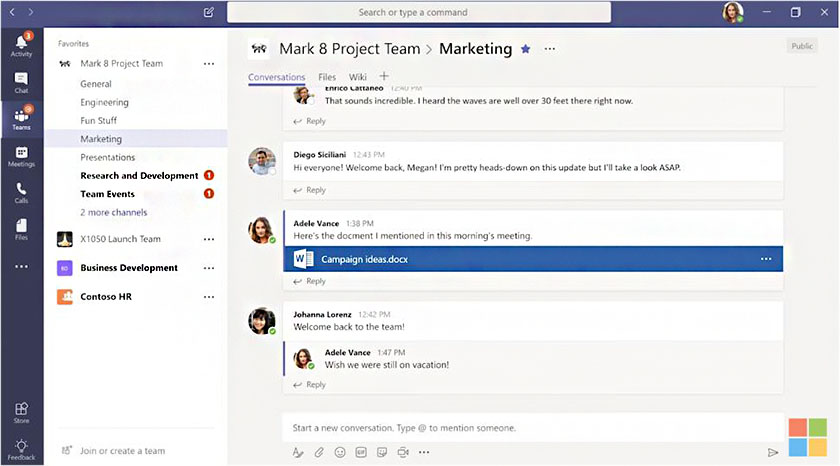 微软团队所有的工作空间与团队聊天。
