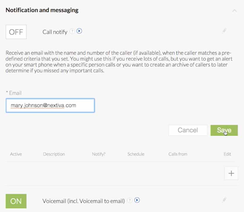 Nextiva notification and messaging settings showing the configurations for “Call notify,” which include an input field for the email address that will receive call notifications.