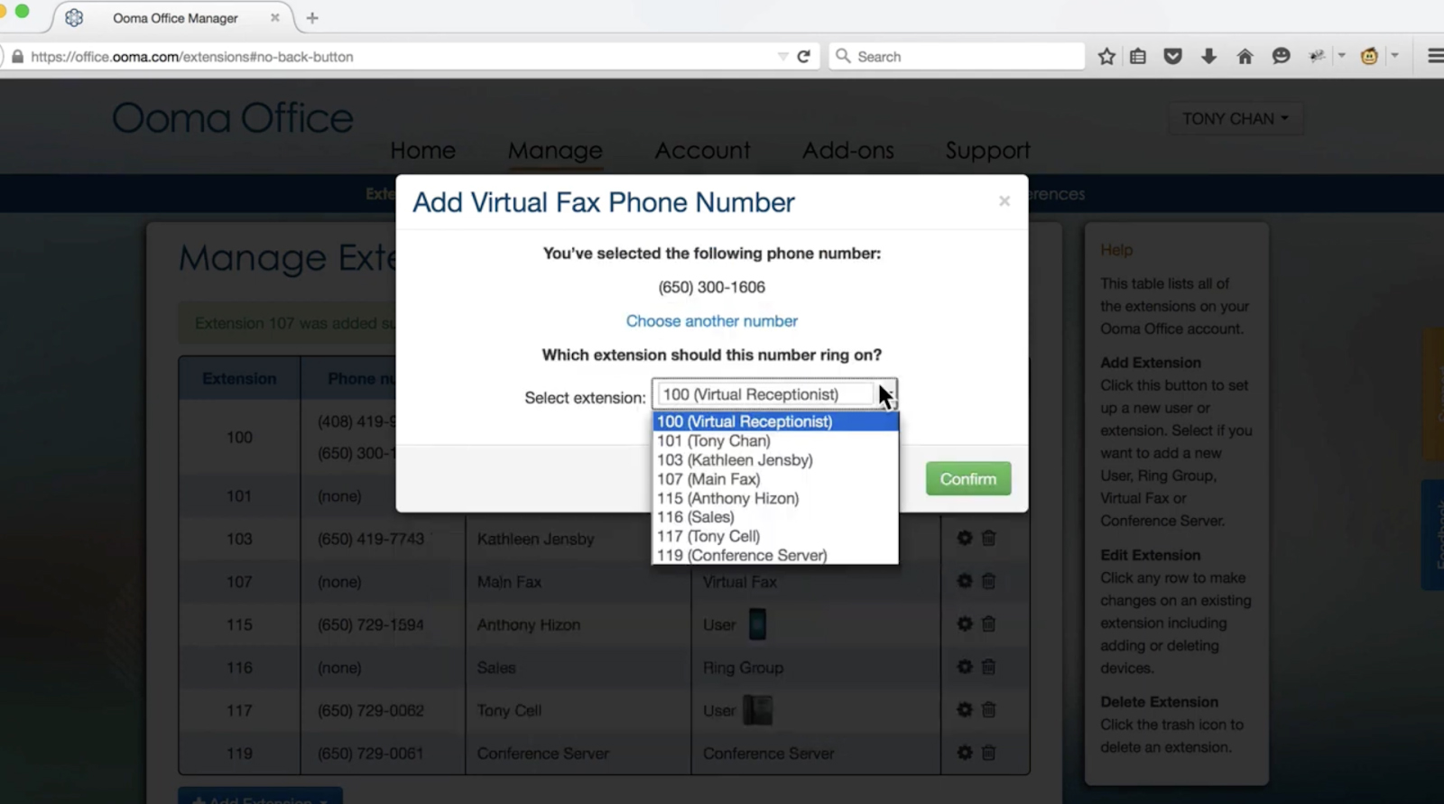 A dialog box in Ooma Office, prompting the user to add a virtual fax phone number and select an extension.