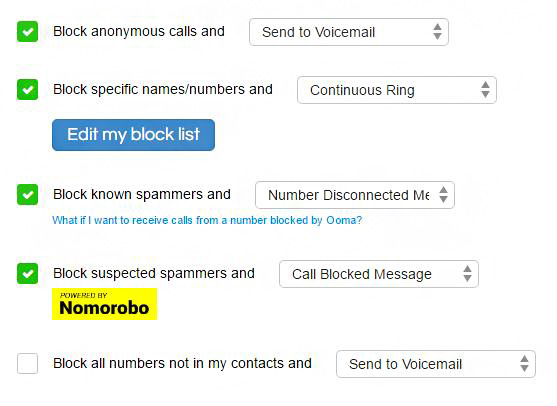 Ooma settings page to customize actions for call blocking.
