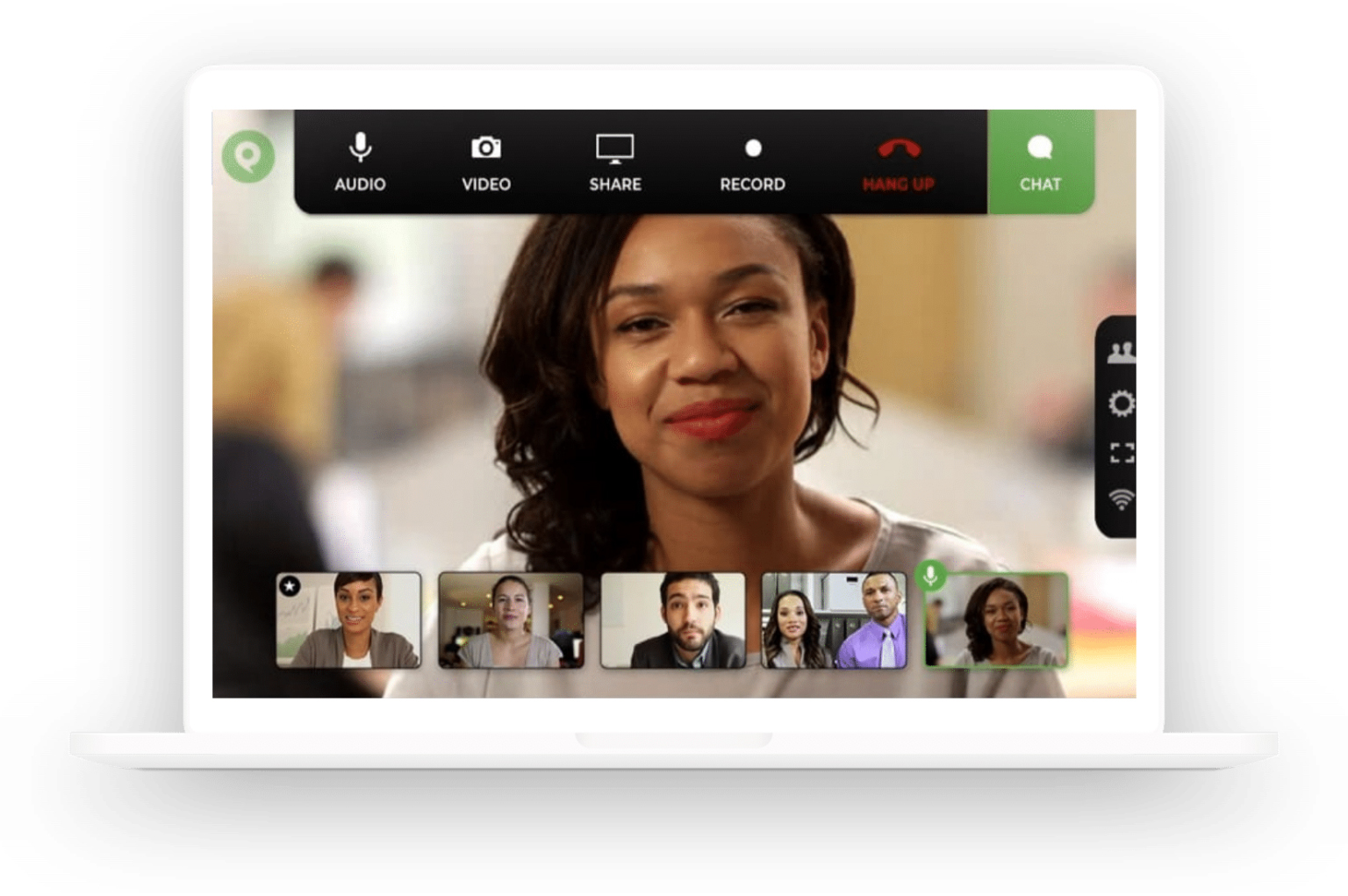 Sample Phone.com video conferencing session with multiple participants and meeting control options.
