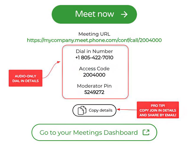 Phone.com's meeting details with audio-only dial in details