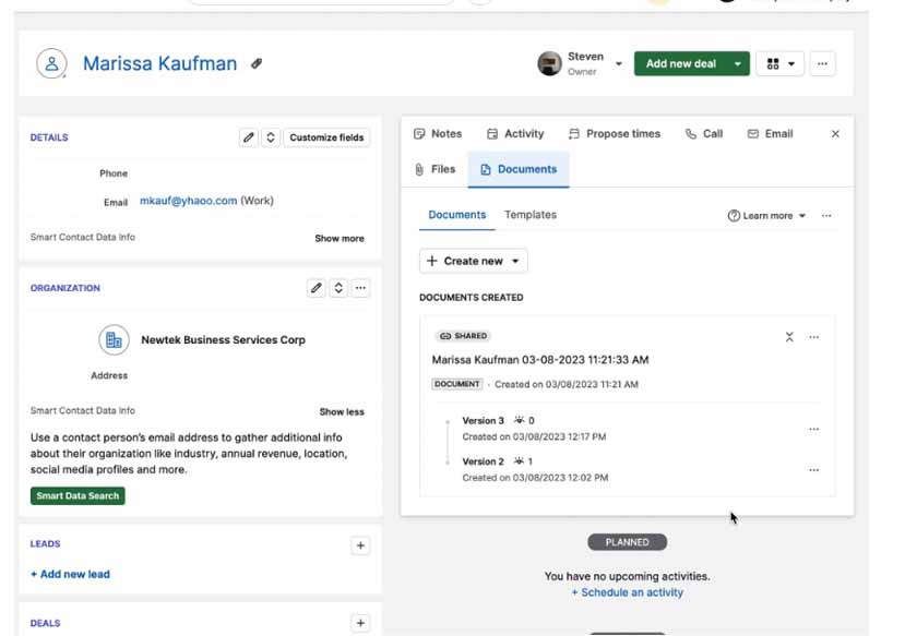 Creating and sharing proposal document from a contact in Pipedrive.