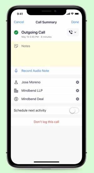 Viewing call summary and making notes in the Pipedrive mobile app.