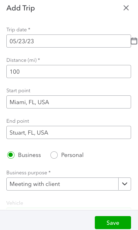Screen where you can add a new trip in QuickBooks Online Accountant's mileage tracker.