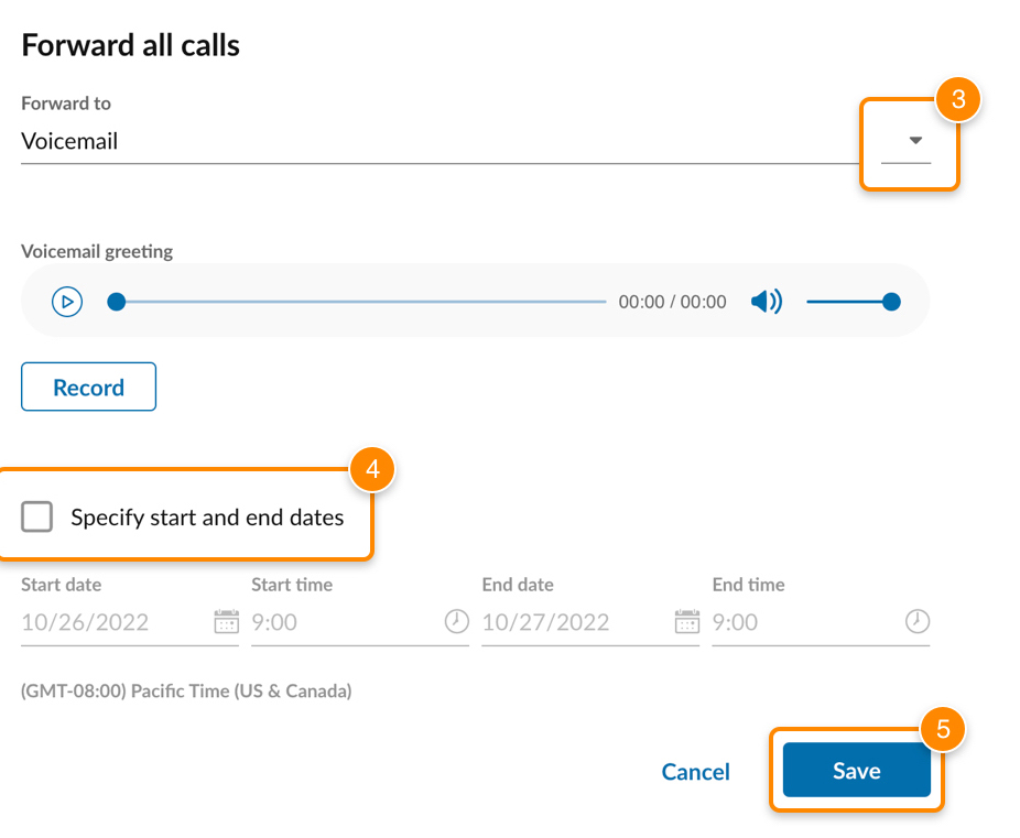 RingCentral interface displaying the call forwarding settings, which include a dropdown menu of call forwarding destinations and a checkbox for the call forwarding set-up start and end dates.