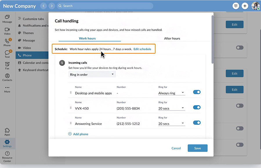 A screenshot of how to configure call handling at RingCentral.