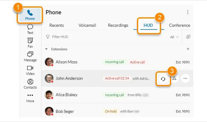 RingCentral interface showing the extensions listed under the Heads-up Display (HUD) Settings with an orange box highlighting 