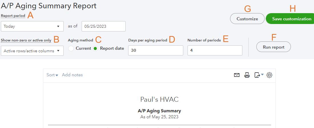 Screen where you can set up basic options for your A/P aging summary report in QuickBooks