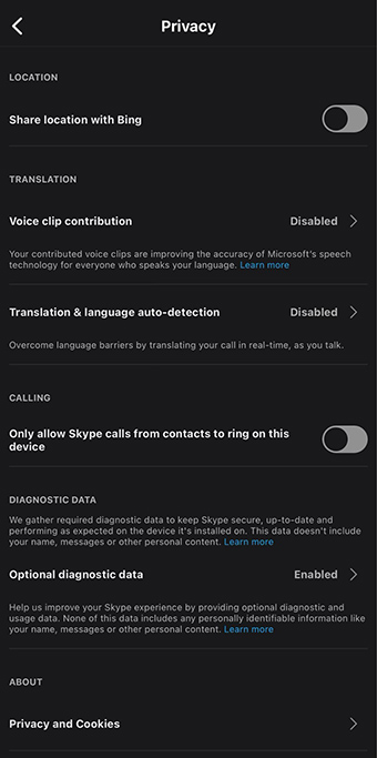 Privacy settings on the Skype mobile app for iPhone.
