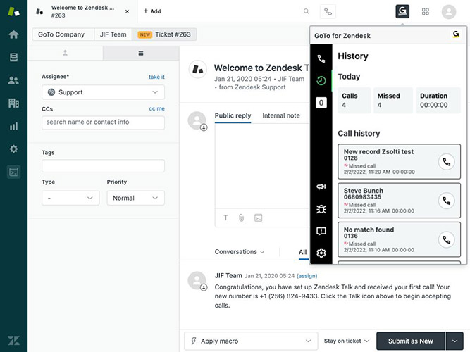 A screenshot of the Zendesk CRM with GoTo Connect integration.