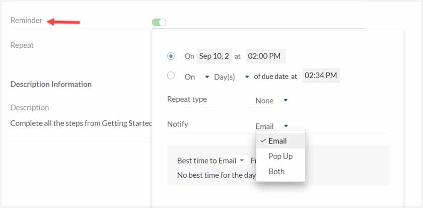 Setting task reminders in Zoho CRM.