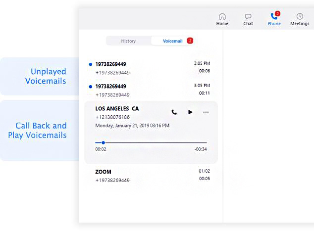 Call and voicemail history interface on the Zoom app
