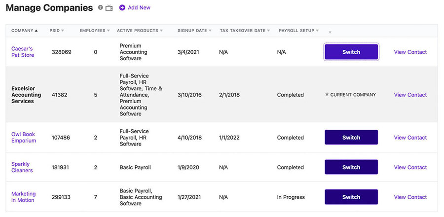 Easily switch between company accounts in Patriot payroll client dashboard.