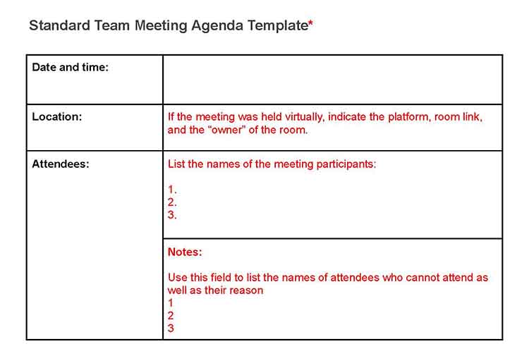 Standard team meeting agenda template.