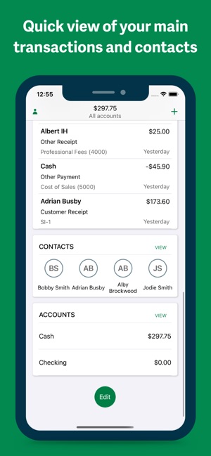 image of Sage Business Cloud's mobile app screen that shows main contacts and transactions