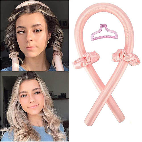 Pink heatless curl rod product image on right and before and after use case selfies on left.