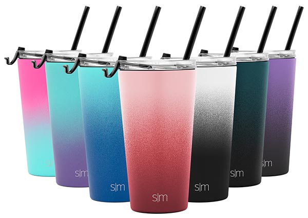 Seven colorful Simple Modern straw thermos cups in triangular arrangement.