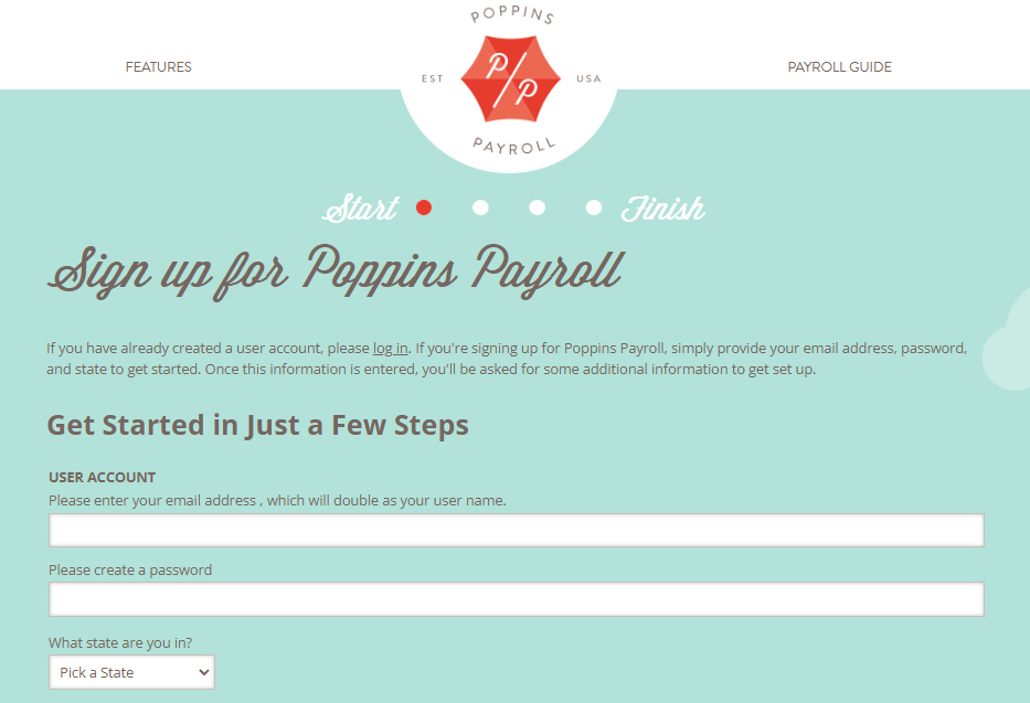 A screenshot of Poppins Payroll's online signup page.