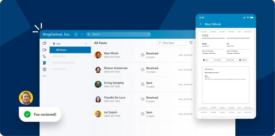 RingCentral's interface showing a user's mailbox detailing sent and received faxes.
