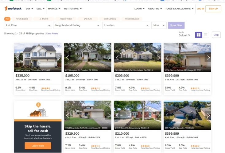 A Roofstock listing page with available investment properties.
