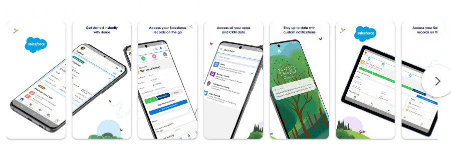Several mobile screens displaying the different features of Salesforce mobile app.