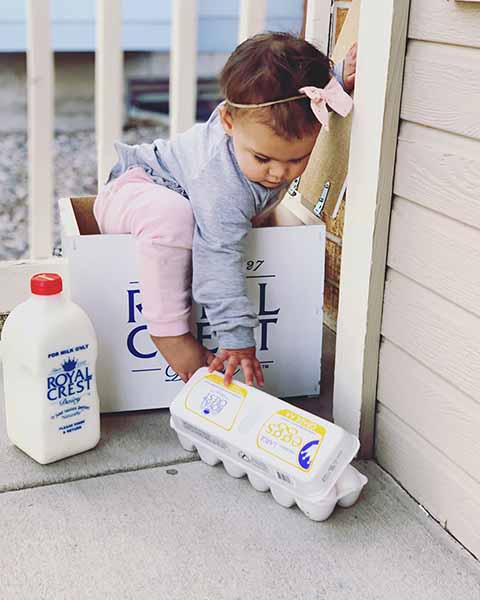 Female toddler climbing into Royal Cresh dairy box and playing with a carton of eggs and a gallon of milk.