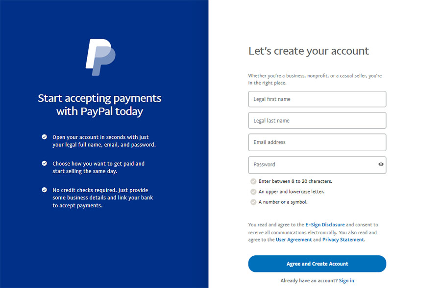 PayPal业务account creation page.