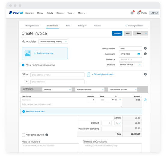 PayPal业务invoice creation page.