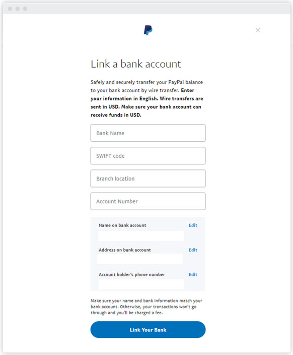 PayPal业务page to link bank account.