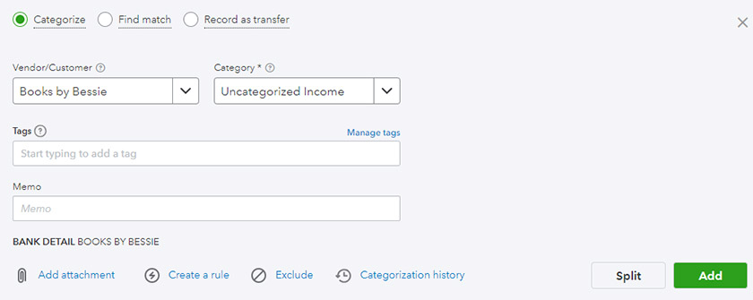 Screen where you can add an imported transaction as a new entry in QuickBooks.