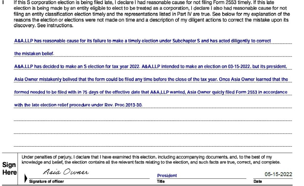 An example of a fictitious company's completed Form 2553, Part I, Section I, Page 1